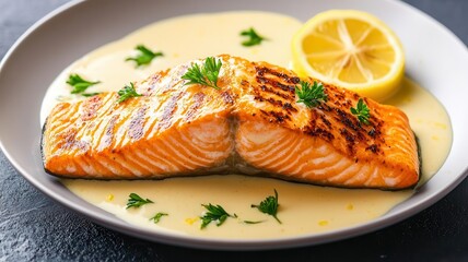 Juicy salmon fillet with a crispy skin, served with a lemon butter sauce, light and flavorful
