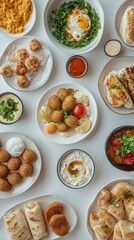 A diverse assortment of traditional Arabic dishes is beautifully arranged on a table for a family gathering, highlighting rich flavors and textures