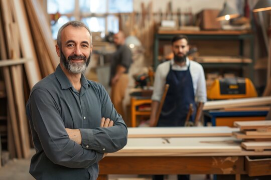 Caucasian male in carpentry workshop. Owner of business supervises staff working with timber. Handsome mature man wears goggles, oversees project with confidence.