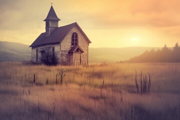 Fototapeta premium Old church stands alone in a rich green field at sunset. Vintage tone captures warm golden light on rustic stone walls. Beautiful scenery of rolling hills and vast sky.