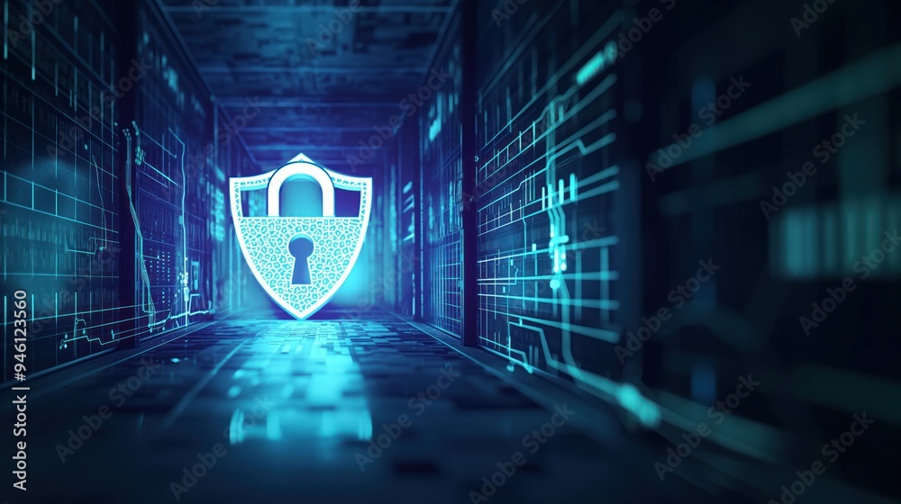 Poster Digital illustration of a secure room with blue floor and walls. Central white lock features silver keyhole, surrounded by door and window on either side.