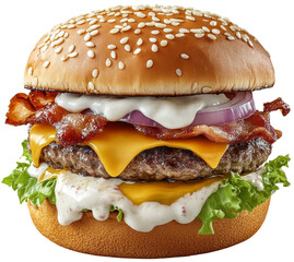 Close-up of a gourmet bacon cheeseburger topped with melted cheese, fresh arugula, red onion, and creamy sauce, all served on a sesame seed bun. cut out, PNG, isolated on transparent background.