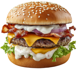 Close-up of a gourmet bacon cheeseburger topped with melted cheese, fresh arugula, red onion, and creamy sauce, all served on a sesame seed bun. cut out, PNG, isolated on transparent background.