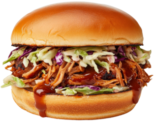 Delicious pulled pork sandwich loaded with crunchy slaw and tangy barbecue sauce, perfect for a mouthwatering meal. cut out, PNG, isolated on transparent background.