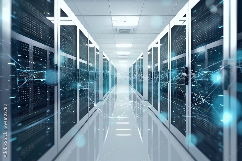 Aufkleber Modern data center with rows of servers in a dark room. Network connections and storage systems are visible. The scene is set for high-capacity computing and secure data hosting.