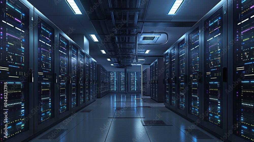 Poster modern data center filled with rack servers and supercomputers. futuristic room with blue lights, ar