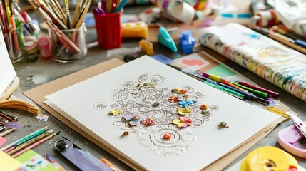 Close-up of a Detailed Artwork with Flower and Butterflies