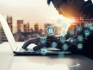 Man works on laptop in modern cityscape background with cyber security icons and network code. Malware attack threat looms over digital communication and confidential information.