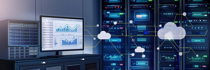 Cloud computing data center room with server racks, networking devices, kvm monitor displaying charts and icons for cloud services, representing modern technology concept.