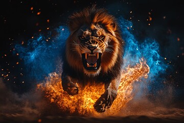 Naklejka premium An imposing lion roars mightily, enveloped by mystical blue flames and smoke against a dark, atmospheric background. 