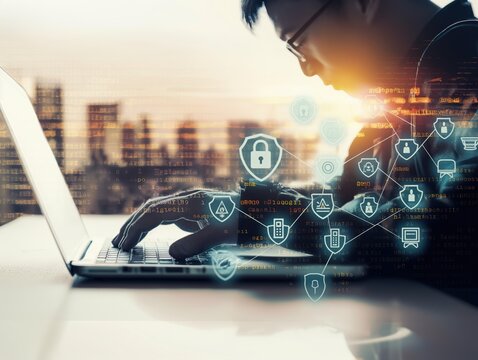 Man works on laptop in modern cityscape background with cyber security icons and network code. Malware attack threat looms over digital communication and confidential information.