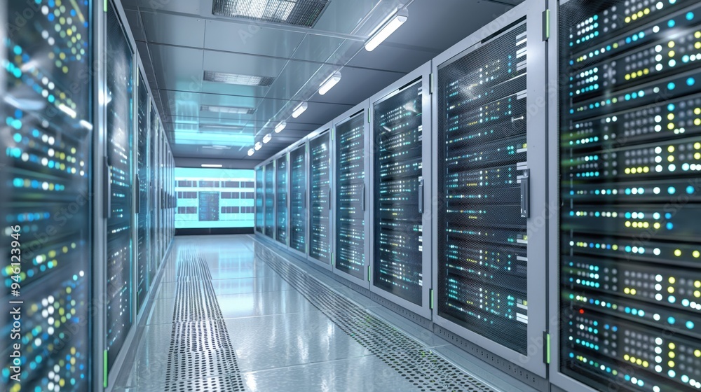 Aufkleber 3D rendered server room data center with multiple rows of computer racks, cables, and network equipment in a secure environment for business technology infrastructure.