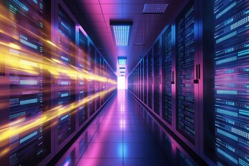Fototapeta premium Brightly lit data center room with rows of servers in a modern facility. Neon lights create a halo effect around the equipment, conveying speed and connectivity.