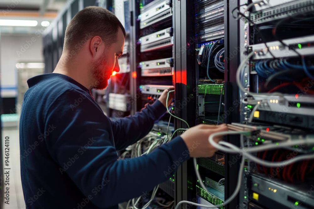 Leinwandbilder network engineer works in a datacenter server room with multiple servers connected by cables and wir