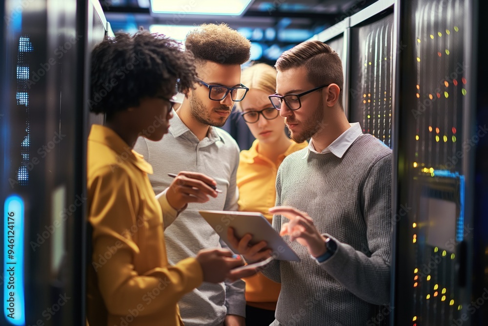 Aufkleber Young multi-ethnic specialists in glasses work together at server managing network data. Team of adults handle computing technology equipment in cabinet room.
