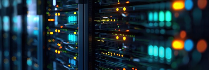 Darkened server room illuminated by flashing LED lights on a data center rack. Glowing blue and red indicators of computer hardware components and cables in close-up.