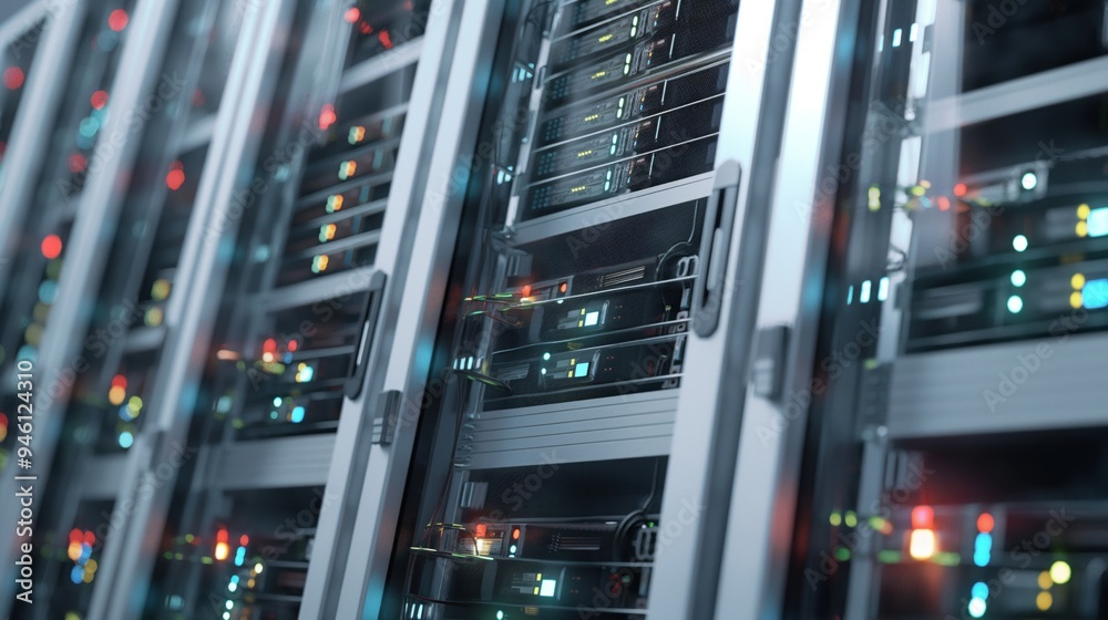 Poster Seamless animation of camera moving through data center with rows of server equipment in a large room. Close-up view of computer hardware and network devices in a cloud computing environment.