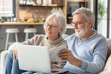 Happy couple in their golden years use laptop computer for online shopping and reading news on sofa together. Elderly man and woman enjoy leisure time at home, smiling and hugging each other.