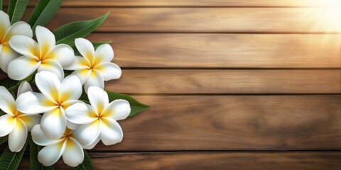Obraz premium Wooden table with white frangipani flowers on left side of banner with tropical theme. Right side plenty of space for text image placement. Perfect background for spa, wellness, yoga, vacation,