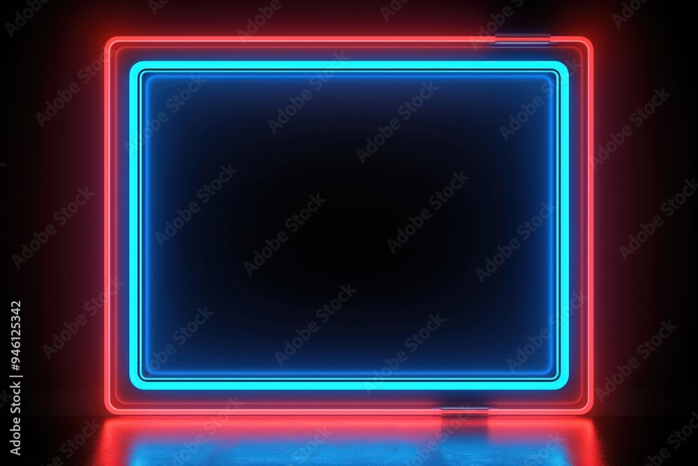 Aufkleber Neon frame on black background creates a striking square shape with blank space for copy or prizes. Electric glow shines against dark backdrop, perfect for promotion or presentation.