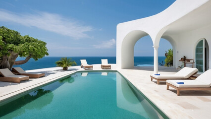 Fototapeta premium A large pool with a white wall and a blue sky in the background. The pool is surrounded by white lounge chairs
