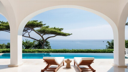 Obraz premium A large pool with a white wall and a blue sky in the background. The pool is surrounded by white lounge chairs