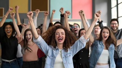 Happy young couple celebrate victory with big smile. Man, woman express joy, success, excitement. Group of friends cheering, jumping, screaming in triumph. Celebrating new job, achievement, success.