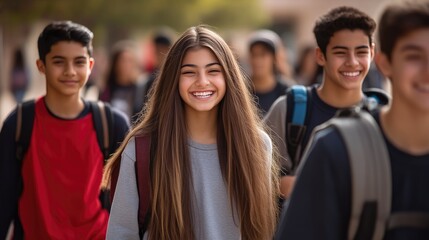 Fototapeta premium Group of Cheerful Teens Walking to Class