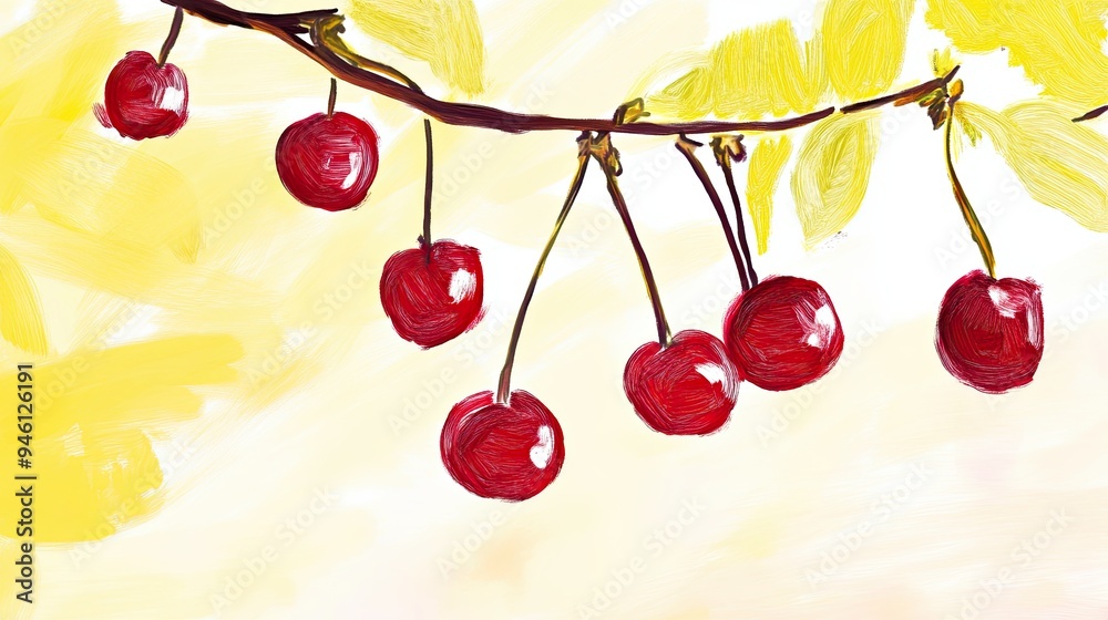 Sticker Vibrant Cherries on a Branch with Soft Background