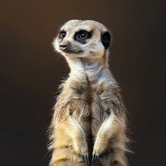 Fototapeta premium Brown meerkat stands on hind legs facing camera with head slightly tilted. Meerkat body turned to right creating dynamic composition. Rich brown fur, lighter brown tail against dark brown background.