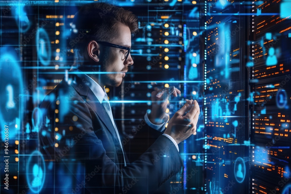 Leinwandbilder businessman in futuristic office with computer screen displaying global data management concept. hac