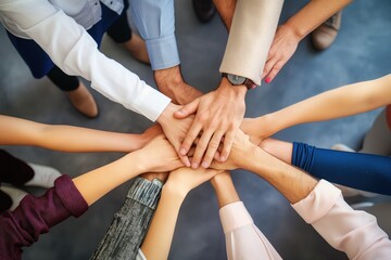 Business people hands in top view. Teamwork concept. Hands of, women from diverse ethnic backgrounds holding together in unity, strength. Business professionals in casual attire. Collaboration,