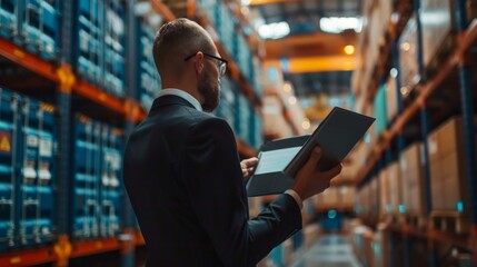 A man in a suit and glasses does inventory check in a warehouse with shelves of cardboard boxes, creating a professional atmosphere.