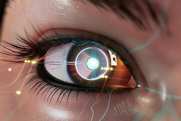 Close-up of a man eye with a futuristic implant. A small device is embedded in the iris, with wires and microchips visible. This is a concept of a human eye with a cybernetic interface.