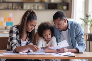 Fototapeta premium Young family sits together discussing family finances. Woman and man review bills, calculate expenses, and plan budget. Happy couple smiling, feeling relieved after discussing financial problems.