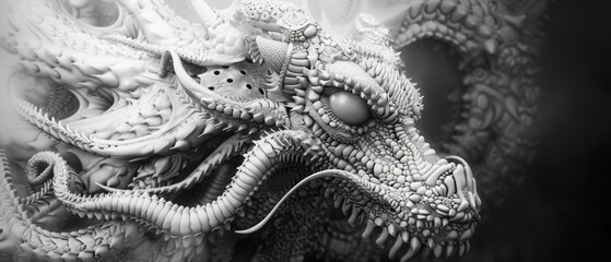 Obraz premium Detailed 3D rendering of a dragon's head in black and white. The image shows intricate details: a prominent eye, open mouth, sharp teeth and small horns. Patterns on the skin 