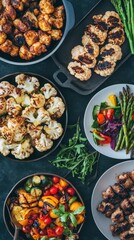 A variety of grilled vegetables and meat skewers are beautifully arranged on dark surfaces, showcasing vibrant colors and textures