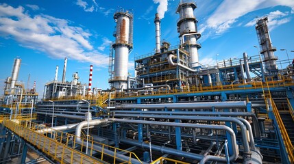 The image depicts an industrial plant with cylinder towers, pipelines, smoke stacks, and steaming pipes against a clear blue sky.