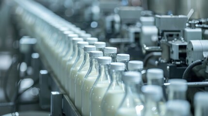 Obraz premium Image shows a milk production line with bottles on conveyor belt. Neat, orderly display with central focus on a bottle. Clean, automated factory setting.