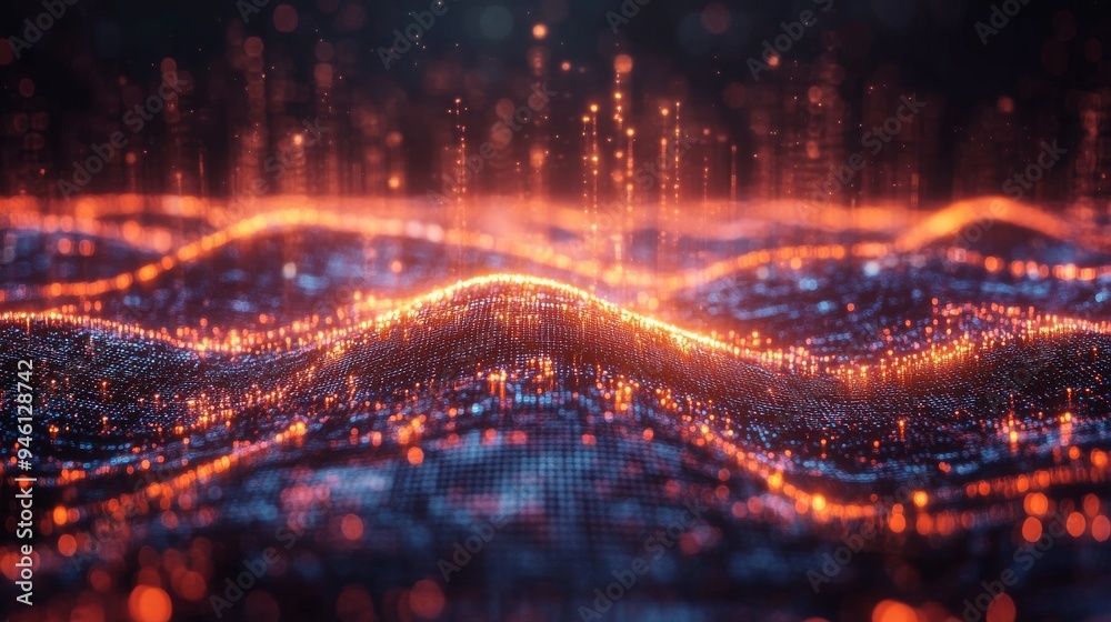 Poster a holographic display visualizes the flow of data with glowing waves and sparkling particles, creati