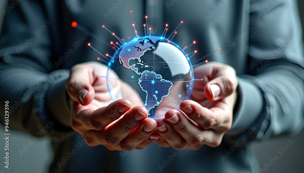 Poster man holding data sphere with colorful ai neural connections - close-up against gray background