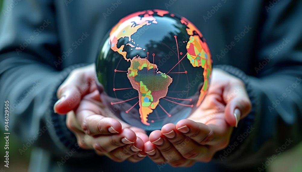 Poster man holding data sphere with colorful ai neural connections - close-up against gray background