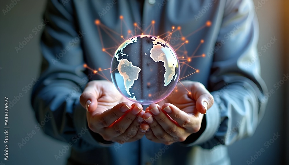 Poster man holding data sphere with colorful ai neural connections - close-up against gray background