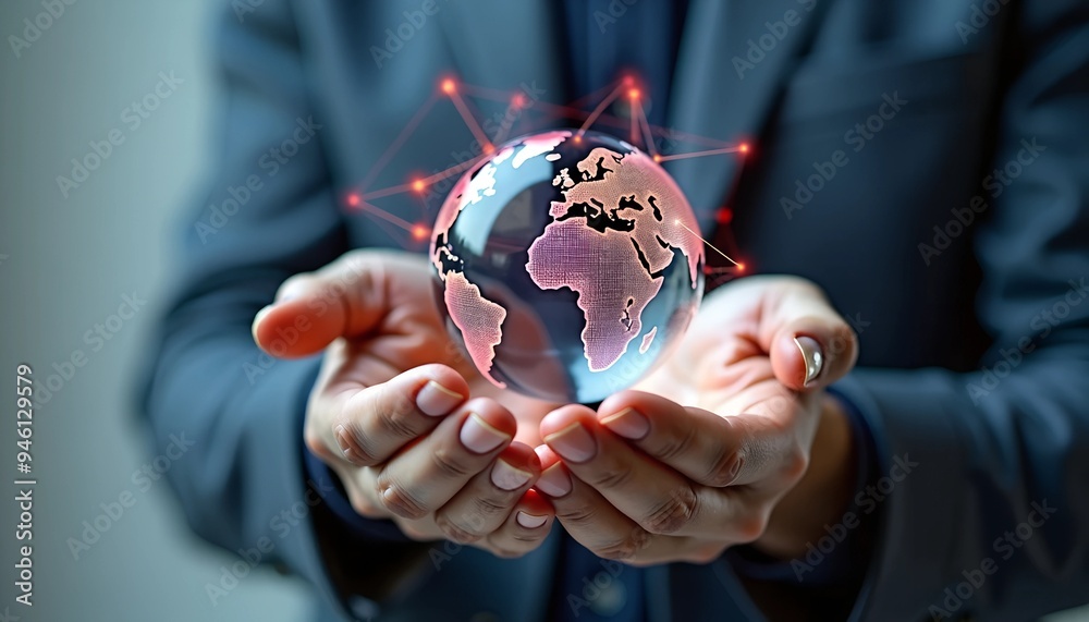 Poster man holding data sphere with colorful ai neural connections - close-up against gray background