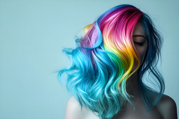 Vibrant rainbow-colored hair flows gracefully on a woman her eyes closed in serene expression against a soft blue background.