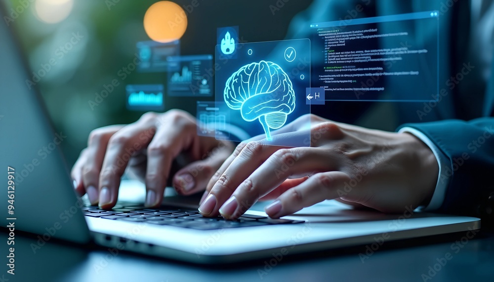 Poster ai technology in data analysis - businessman using machine learning and digital brain for business i