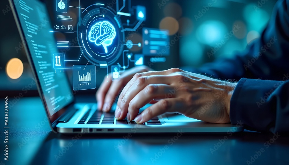 Poster ai technology in data analysis - businessman using machine learning and digital brain for business i