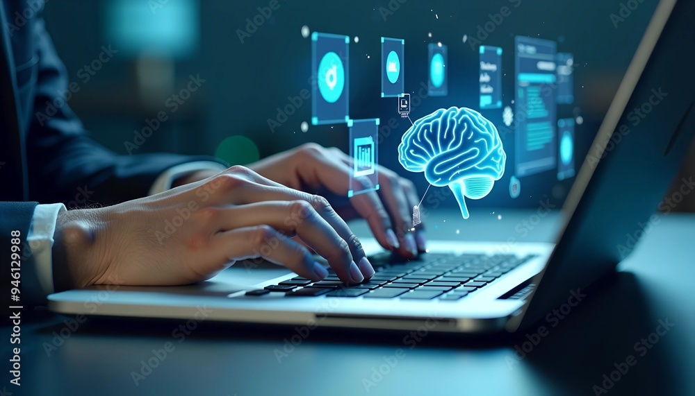 Poster ai technology in data analysis - businessman using machine learning and digital brain for business i
