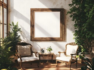 Cozy farmhouse style living room with a weathered wooden frame natural sunlight streaming in and lush greenery creating a tranquil sun dappled ambiance