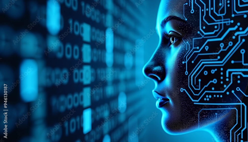 Poster artificial intelligence and iot - blue digital background with binary code, circuit board, and head 